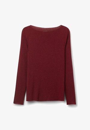 Bordeaux långärmad skjorta med båthals, tillverkad av textil med små fläckar, avslappnad passform och rak fåll.