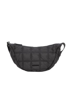 Zwarte doorgesneden stoffen crossbodytas met ritssluiting en subtiel genaaid rasterpatroon, klein merkembleem middenvoor.