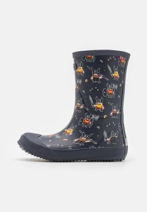 Stivali da pioggia in gomma blu navy con personaggi vichinghi in varie colorazioni. Presentano una suola testurizzata e un bordo rigato per una vestibilità sicura.