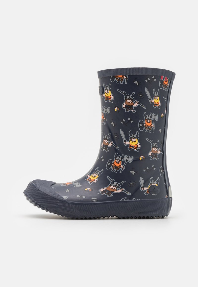 Botte de pluie en caoutchouc de couleur bleu marine avec des personnages de Viking en cartoon de différentes couleurs. Elle présente une semelle texturée et un haut cannelé pour un ajustement sécurisé.