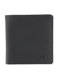 Portafoglio bifold in pelle nera con finitura testurizzata, bordi cuciti e un piccolo logo di toro in rilievo sul davanti.