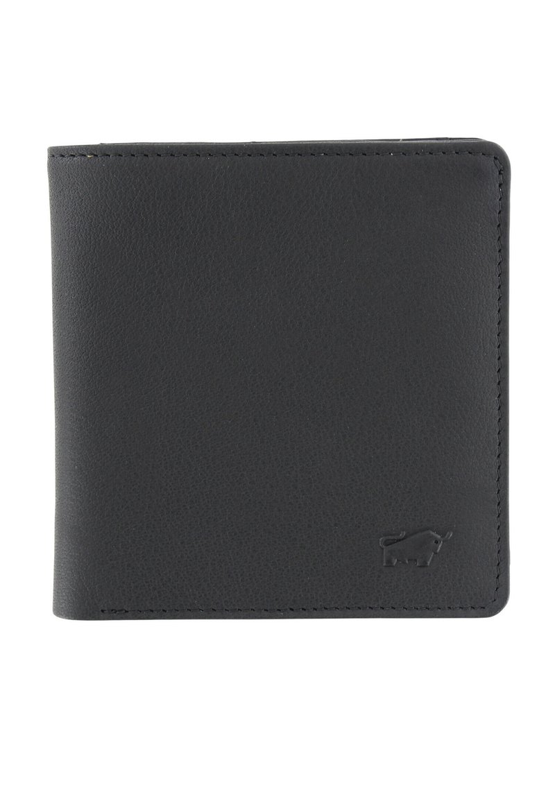 Portafoglio bifold in pelle nera con finitura testurizzata, bordi cuciti e un piccolo logo di toro in rilievo sul davanti.