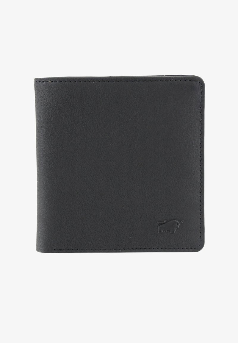 Portafoglio bifold in pelle nera con finitura testurizzata, bordi cuciti e un piccolo logo di toro in rilievo sul davanti.