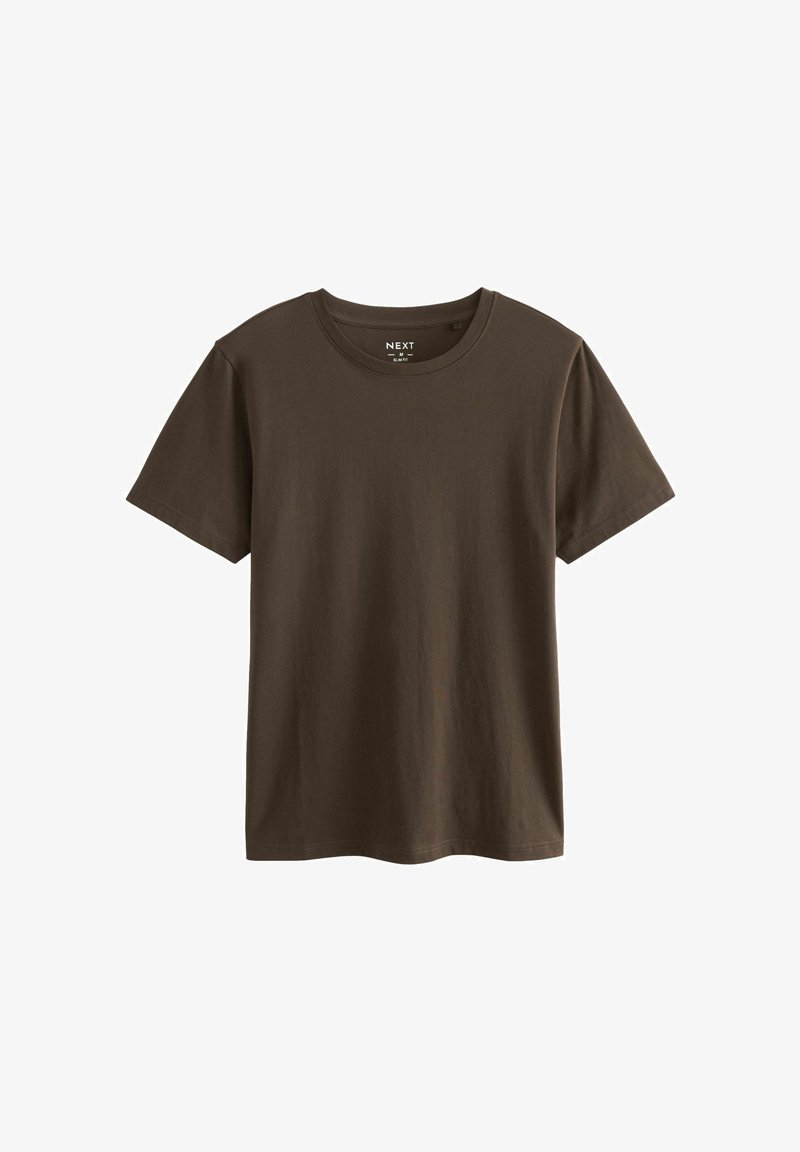 T-shirt marron foncé à manches courtes et col rond, coupe slim, design uni, présenté sur fond blanc.