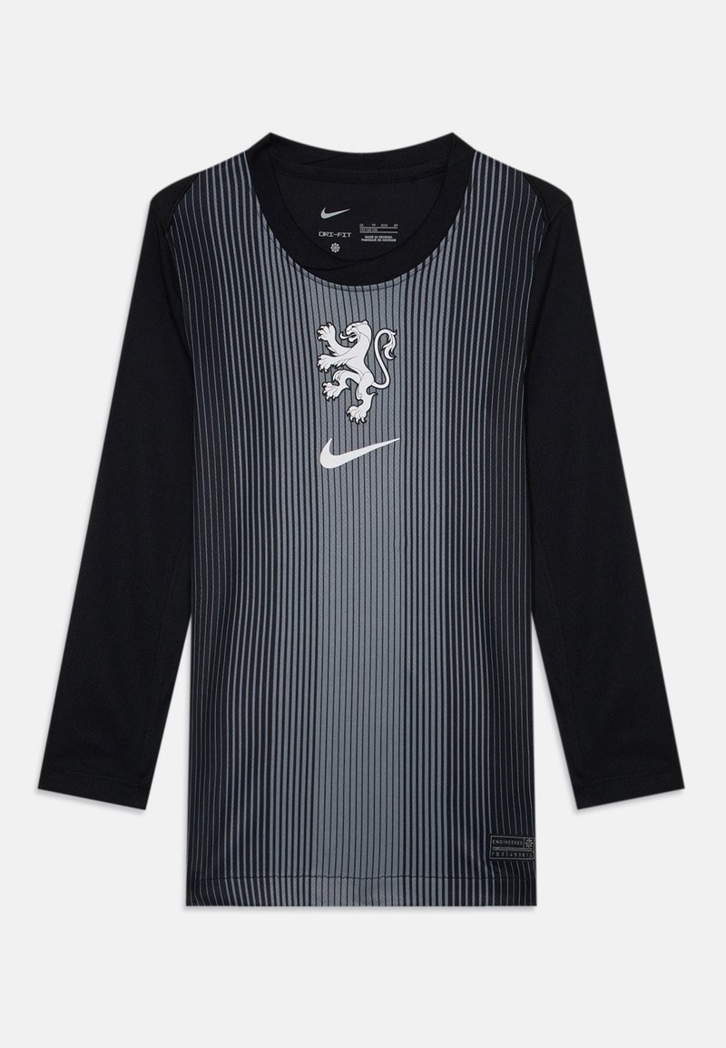 Long-sleeve black jersey with grey vertical stripes, featuring a central lion emblem and Nike logo. Made from moisture-wicking fabric.