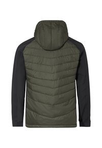 Giacca imbottita con cappuccio; corpo trapuntato verde oliva e maniche nere. Presenta un design aerodinamico e polsini a coste.