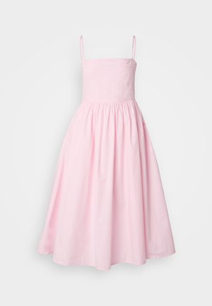 Pink A-line dress with thin straps, fitted bodice, and gathered skirt. Made of smooth fabric, featuring a subtle texture and a side pocket.