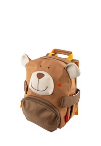 Brauner Stoffrucksack in Form eines Bären, mit einem Gesicht mit gestickten Details, Ohren, einem mit Reißverschluss versehenen Hauptfach und einer Vorderentasche.