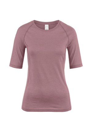 Top a maniche corte in morbido tessuto mauve, con scollatura rotonda e maniche raglan, dal design aderente e dalla texture liscia.