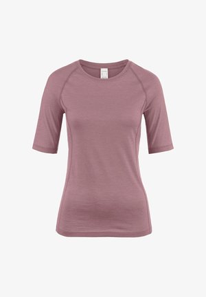 Kurzes Oberteil aus weichem mauvefarbenem Stoff, mit Rundhalsausschnitt und Raglanärmeln, das eine taillierte Form und glatte Textur aufweist.