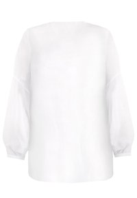 Biała bluzka z długimi, bufiastymi rękawami i okrągłym dekoltem. Wykonana z lekkiego, przejrzystego materiału o gładkiej fakturze.