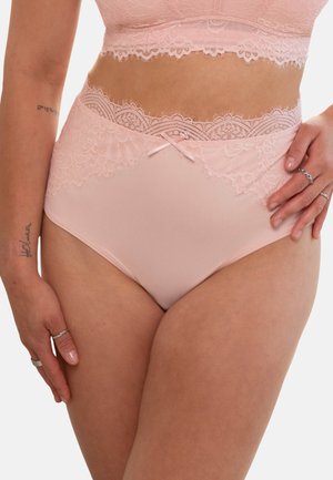 High-waisted brief made of soft pink fabric with lace trim at the waist and thighs, featuring a small bow detail at the front center.