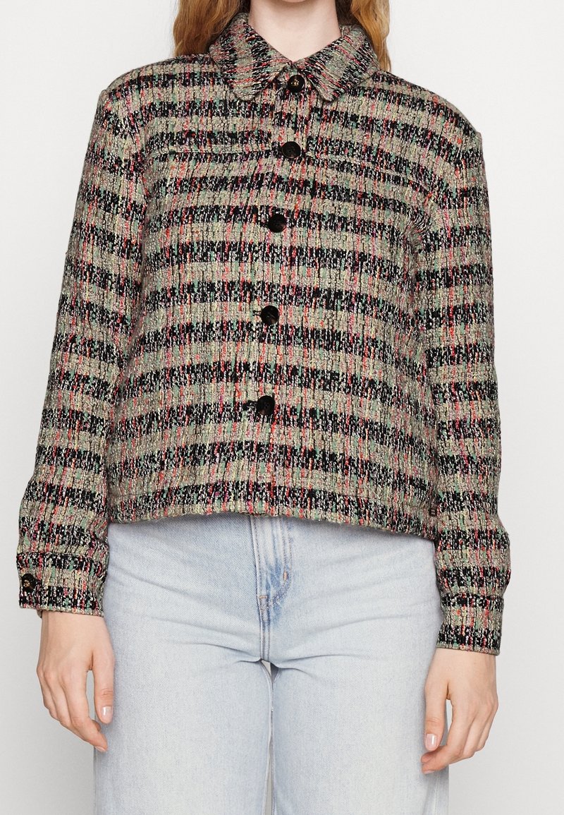 Woven wool jacket featuring a cropped design, multicolored check pattern in gray, black, and pink, with a collar and black buttons.