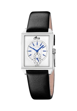Reloj rectangular de plata con esfera blanca, agujas azules de horas y minutos, correa de cuero negra y un subesfera pequeña para segundos a las 6 en punto.