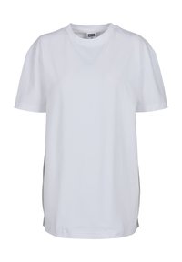 T-shirt blanc uni à manches courtes avec col rond et coupe ample, présenté sur fond blanc.