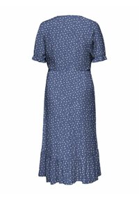 Zila ziedu raksta midi kleita ar īsām piedurknēm, pieguļošu jostasvietu un volānu apakšmalu. Izgatavota no viegla, teksturēta auduma.