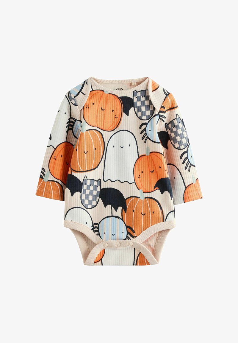 Babydräkt med lång ärm med leende pumpor, spöken, fladdermöss, spindlar och rutig katt i orange, vitt, svart och ljusblå färger.