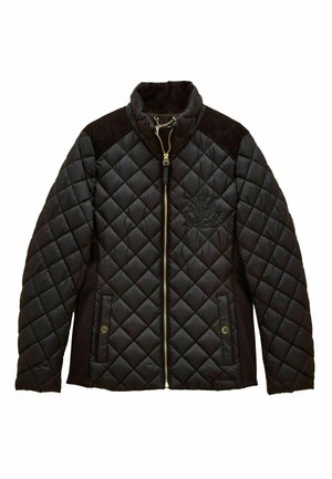 Quilted black jacket featuring a stand collar, gold zipper, and suede accents on shoulders. Two side pockets with button closures.
