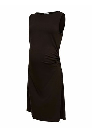 Mouwloze zwarte zwangerschapsjurk met plooien aan de zijkant, knielengte en een ronde halslijn, getoond op een witte achtergrond.