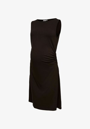 Czarna sukienka ciążowa bez rękawów z marszczeniem po bokach, długość do kolan, z okrągłym dekoltem, pokazana na białym tle.