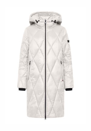 White padded coat with a diamond quilted pattern, hood, zip closure, and two side pockets. Features black cuffs and zipper accents.
