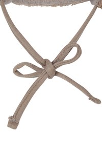Light brown fabric tie with a knot, detailed texture, and smooth shape. Two fabric straps extend outward from the knot.