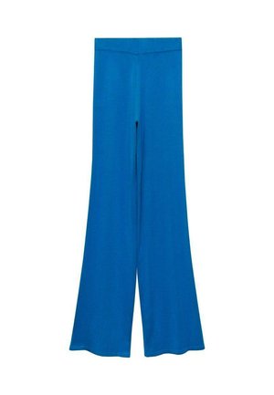 Pantaloni largi, de culoare albastră, fabricați dintr-un material ușor și elastic, cu un talie ajustată și o textură netedă; fără modele sau accente vizibile.