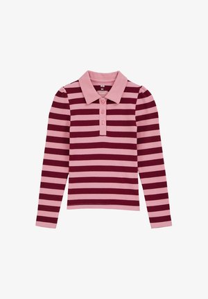 Rozā un bordo svītrota garo piedurknju polo krekls ar apkakli, trīs pogām un ribotām aprocēm.