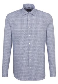Koszula na długi rękaw, zapinana na guziki, w jasnoniebieskim kolorze z wzorem w kratę. Posiada klasyczny kołnierzyk i sześć guzików na przodzie. Wykonana z mieszanki bawełny.