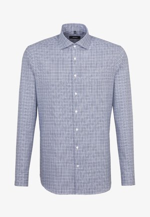 Koszula na długi rękaw, zapinana na guziki, w jasnoniebieskim kolorze z wzorem w kratę. Posiada klasyczny kołnierzyk i sześć guzików na przodzie. Wykonana z mieszanki bawełny.