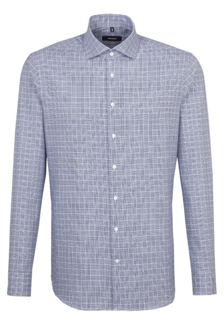 Koszula na długi rękaw, zapinana na guziki, w jasnoniebieskim kolorze z wzorem w kratę. Posiada klasyczny kołnierzyk i sześć guzików na przodzie. Wykonana z mieszanki bawełny.
