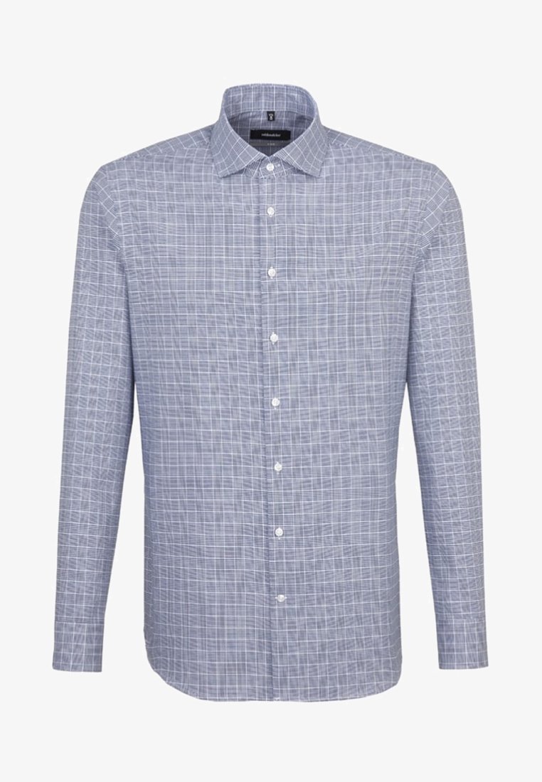 Koszula na długi rękaw, zapinana na guziki, w jasnoniebieskim kolorze z wzorem w kratę. Posiada klasyczny kołnierzyk i sześć guzików na przodzie. Wykonana z mieszanki bawełny.