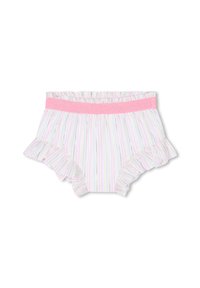 Gestreepte witte onderbroek met een roze elastieken tailleband en gerimpelde randen. Heeft verticale lijnen in pastelkleuren met metalen accenten.