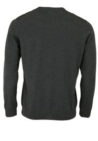 Pull à manches longues gris foncé avec un col rond, fabriqué dans un tricot doux, avec des coutures d'épaule raglan et un ourlet droit.
