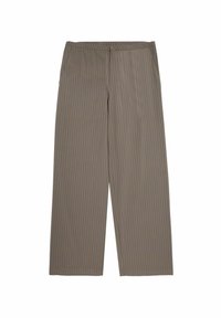 Spodnie o szerokich nogawkach w stonowanym brązowym kolorze z jasnymi pionowymi paskami. Posiadają prostą tasiemkę w pasie i dwie boczne kieszenie.
