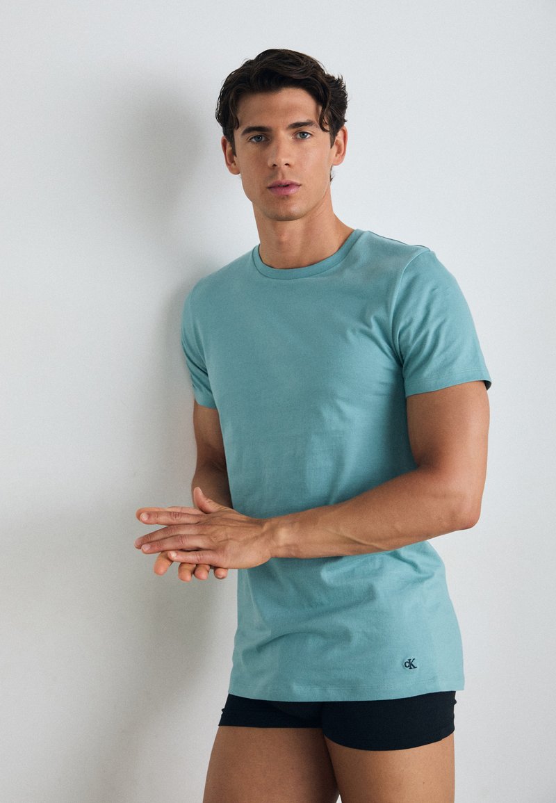 Light blue short-sleeve t-shirt made of cotton, featuring a crew neck and CK logo at the hem. Worn with black shorts, model is standing.