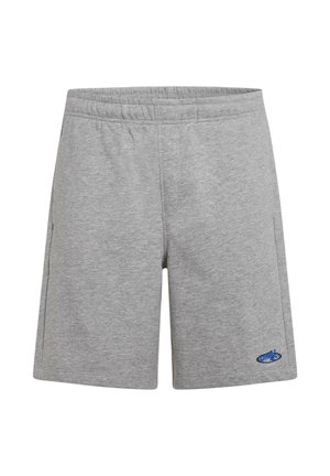 Graue Stoffshorts mit elastischem Bund, Seitentaschen und einem kleinen blauen Logo unten rechts. Weiche Textur, lässiges Design.