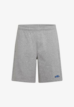 Graue Stoffshorts mit elastischem Bund, Seitentaschen und einem kleinen blauen Logo unten rechts. Weiche Textur, lässiges Design.