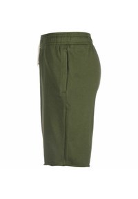 Pantalones cortos de algodón verde con una cinta elástica en la cintura, bolsillos laterales y un ajuste relajado. La tela tiene una textura suave y bordes limpios.
