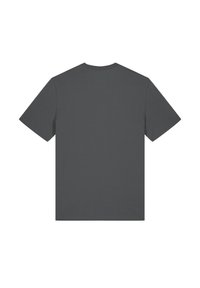 Donkergrijs T-shirt met korte mouwen en een ronde hals. Soepele textuur, minimalistisch ontwerp, geen zichtbare patronen of prints op de achterkant.
