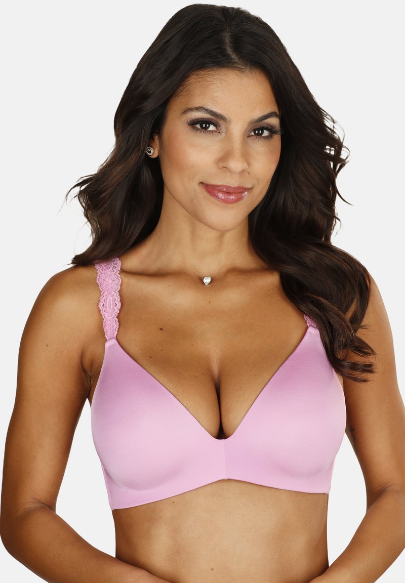 Hellrosa BH mit einer glatten Textur, tiefem V-Ausschnitt-Design und Spitzenbesatz an den Trägern. Die Cups sorgen für eine strukturierte Passform.