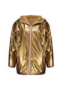 Veste à capuche dorée avec un extérieur brillant et lisse, dotée d'une douce doublure en polaire beige et d'une fermeture éclair sur le devant avec des accents rouge, blanc et bleu.