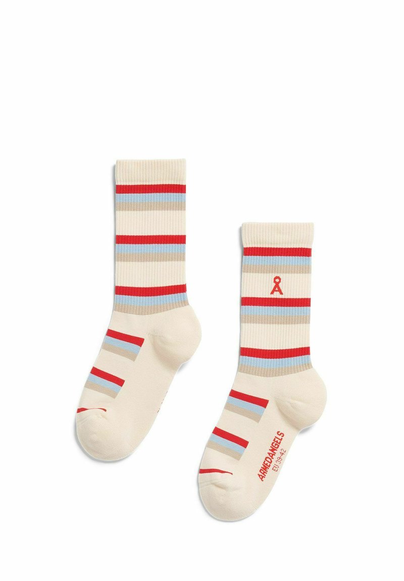 Beige katoenen sokken met verticale rood, blauw en beige strepen; met geribbelde structuur; klein rood logo bij de enkel.