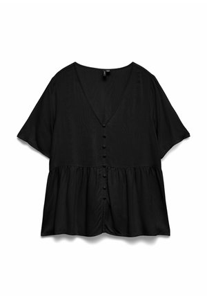 Zwarte blouse met korte mouwen, V-hals, knoopsluiting aan de voorkant en een geplooide peplumtaille, getoond tegen een witte achtergrond.