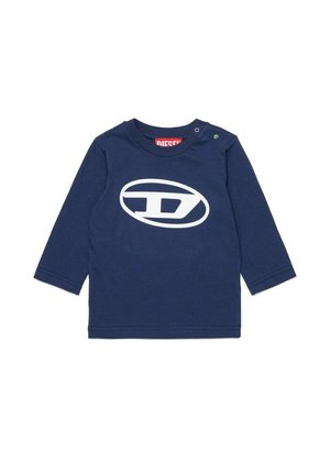 Maglietta a maniche lunghe blu navy in cotone, con un grande logo bianco sul davanti e due bottoni a pressione sulla spalla per facilitare l'indossamento.