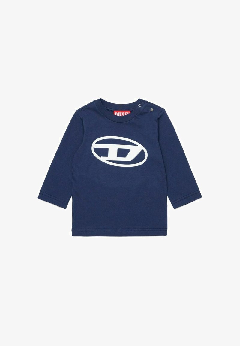 Maglietta a maniche lunghe blu navy in cotone, con un grande logo bianco sul davanti e due bottoni a pressione sulla spalla per facilitare l'indossamento.