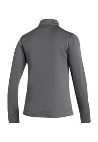 Gray long-sleeve top featuring a stand collar, smooth texture, and fitted design. The back view highlights a simple and seamless construction.