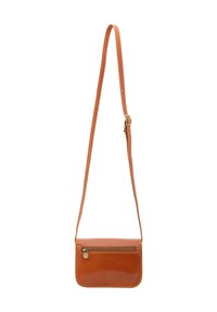 Piccolo borsa a tracolla in pelle marrone con tracolla regolabile e tasca frontale con zip.