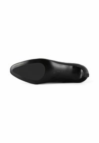 Schwarzer High-Heel-Schuh mit spitz zulaufender Zehenpartie und schlankem Design. Glattes Leder-Obermaterial. Robuste schwarze Sohle mit minimalem Profil.