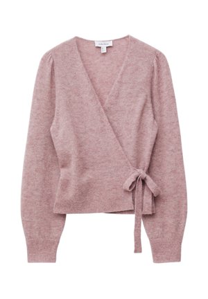 Heller rosa Wickelpullover aus weichem Material. Mit langen Ärmeln, einem tiefen V-Ausschnitt und einem gebundenen Taillendetail. Einfaches, strukturiertes Finish.